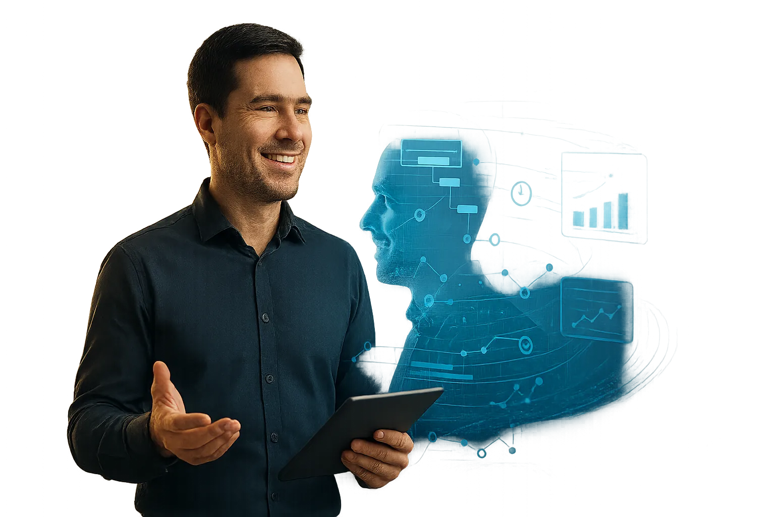 Professional business person with tablet and technology elements